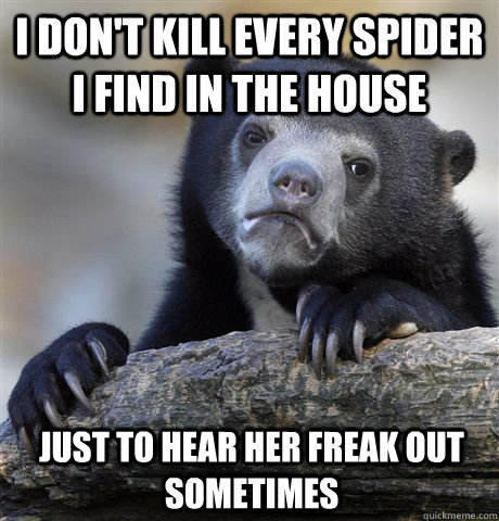 I don't kill every spider i find in the house Just to hear her freak out sometimes  Confession Bear