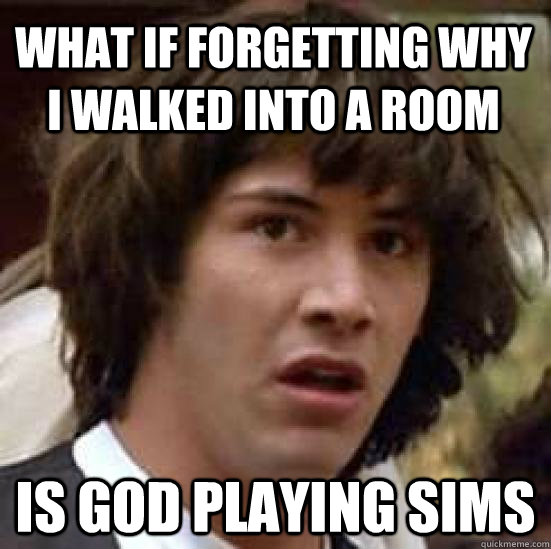 what if forgetting why i walked into a room is god playing sims  conspiracy keanu