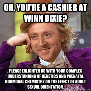 Oh, you're a cashier at Winn Dixie? Please enlighten us with your complex understanding of genetics and prenatal hormonal chemistry on the effect of adult sexual orientation.  Condescending Wonka