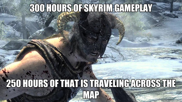 300 hours of Skyrim gameplay 250 hours of that is traveling across the map  Dragonborn Problems