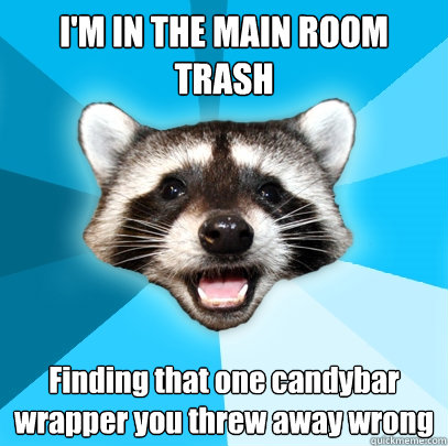 I'M IN THE MAIN ROOM TRASH Finding that one candybar wrapper you threw away wrong  Lame Pun Coon