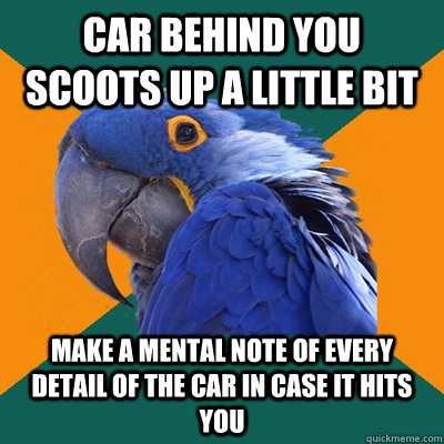 Car behind you scoots up a little bit Make a mental note of every detail of the car in case it hits you  Paranoid Parrot