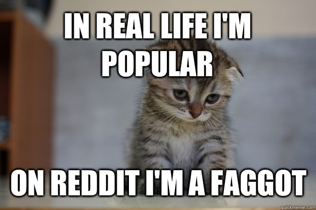 In real life I'm popular On reddit I'm a faggot   