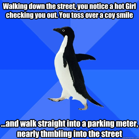 Walking down the street, you notice a hot Girl checking you out. You toss over a coy smile ...and walk straight into a parking meter, nearly thmbling into the street  Socially Awkward Penguin
