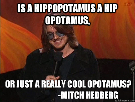 Is a hippopotamus a hip opotamus,   or just a really cool Opotamus? 
                          -Mitch Hedberg 
 - Is a hippopotamus a hip opotamus,   or just a really cool Opotamus? 
                          -Mitch Hedberg 
  Practical Mitch Hedberg