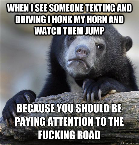 WHEN I SEE SOMEONE TEXTING AND DRIVING I HONK MY HORN AND WATCH THEM JUMP BECAUSE YOU SHOULD BE PAYING ATTENTION TO THE FUCKING ROAD - WHEN I SEE SOMEONE TEXTING AND DRIVING I HONK MY HORN AND WATCH THEM JUMP BECAUSE YOU SHOULD BE PAYING ATTENTION TO THE FUCKING ROAD  Confession Bear