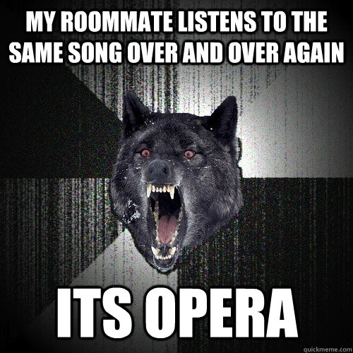 my roommate listens to the same song over and over again its opera  Insanity Wolf