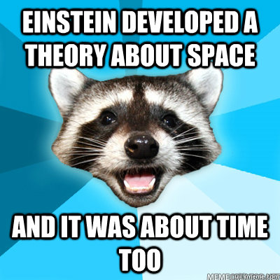 einstein developed a theory about space and it was about time too  - einstein developed a theory about space and it was about time too   Lame Pun Raccoon