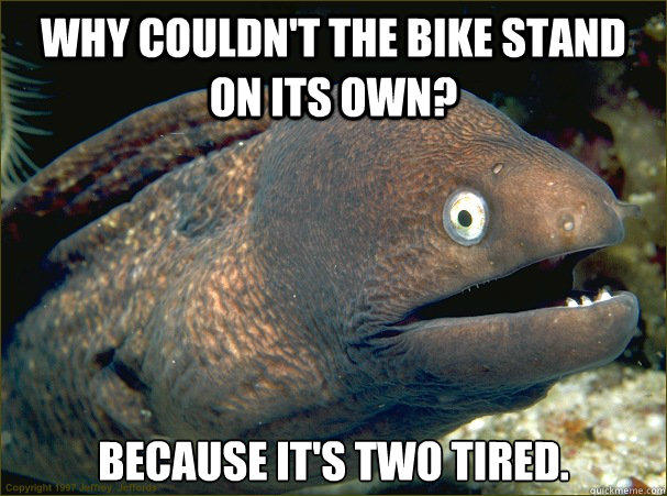 Why couldn't the bike stand on its own? because it's two tired. - Why couldn't the bike stand on its own? because it's two tired.  Bad Joke Eel