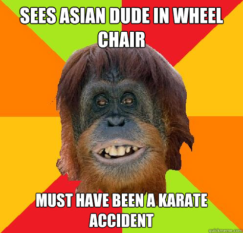 sees Asian dude in wheel chair must have been a karate accident - sees Asian dude in wheel chair must have been a karate accident  Culturally Oblivious Orangutan