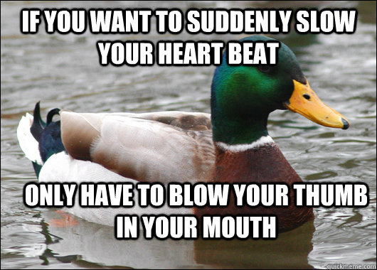 If you want to suddenly slow your heart beat only have to blow your thumb in your mouth  Actual Advice Mallard