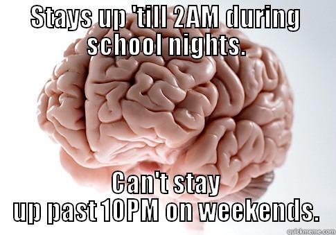 STAYS UP 'TILL 2AM DURING SCHOOL NIGHTS. CAN'T STAY UP PAST 10PM ON WEEKENDS. Scumbag Brain