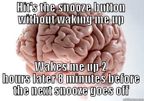 HIT'S THE SNOOZE BUTTON WITHOUT WAKING ME UP WAKES ME UP 2 HOURS LATER 8 MINUTES BEFORE THE NEXT SNOOZE GOES OFF Scumbag Brain
