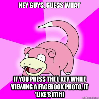 Hey guys, guess what If you press the L key while viewing a facebook photo, it 'like's it!!1!  Slowpoke
