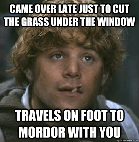 came over late just to cut the grass under the window  travels on foot to mordor with you - came over late just to cut the grass under the window  travels on foot to mordor with you  Good Guy Gamgee