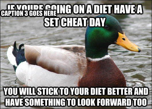 if youre going on a diet have a set cheat day you will stick to your diet better and have something to look forward too Caption 3 goes here  Actual Advice Mallard