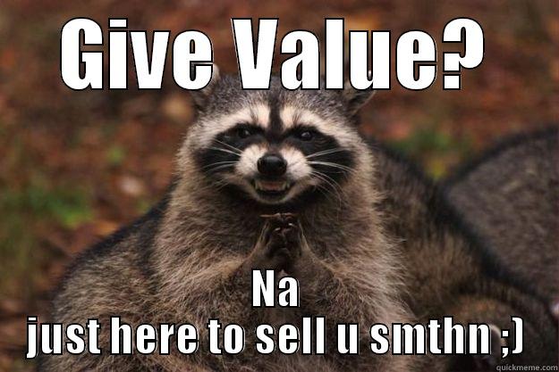 Value?  - GIVE VALUE? NA JUST HERE TO SELL U SMTHN ;) Evil Plotting Raccoon