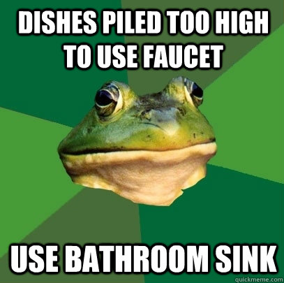 dishes piled too high to use faucet use bathroom sink  Foul Bachelor Frog