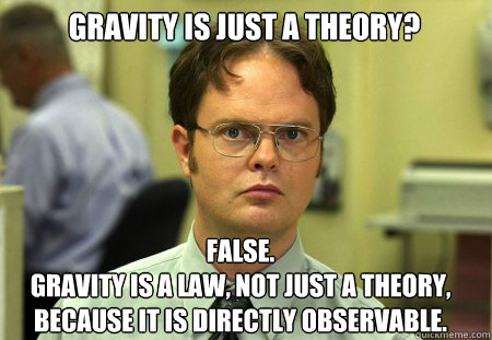 Gravity is just a theory? False.
Gravity is a law, not just a theory, because it is directly observable.   Schrute