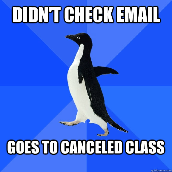 Didn't check email  Goes to canceled class   Socially Awkward Penguin