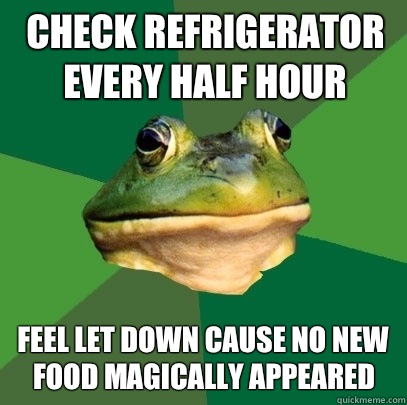 Check refrigerator every half hour Feel let down cause no new food magically appeared   Foul Bachelor Frog