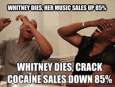 WHITNEY DIES, HER MUSIC SALES UP 85%  WHITNEY DIES, CRACK COCAINE SALES DOWN 85% - WHITNEY DIES, HER MUSIC SALES UP 85%  WHITNEY DIES, CRACK COCAINE SALES DOWN 85%  Jay-Z and Kanye West laughing