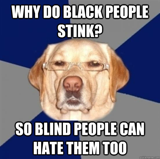 Why do black people stink? So blind people can hate them too  Racist Dog