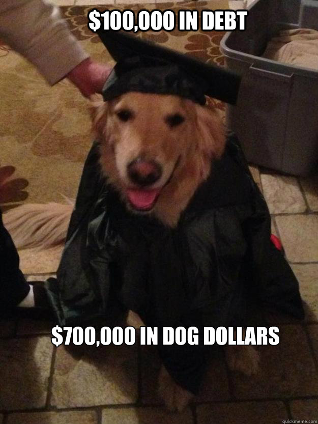 $100,000 in debt $700,000 in dog dollars  Graduation Dog