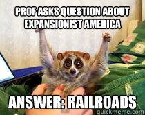 prof asks question about expansionist america Answer: railroads  American Studies Slow Loris