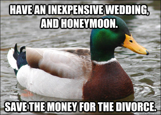 Have an inexpensive wedding, and honeymoon. Save the money for the divorce. - Have an inexpensive wedding, and honeymoon. Save the money for the divorce.  Actual Advice Mallard