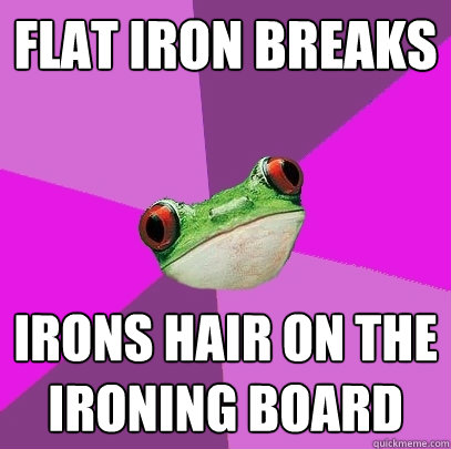 Flat iron breaks Irons hair on the ironing board   Foul Bachelorette Frog