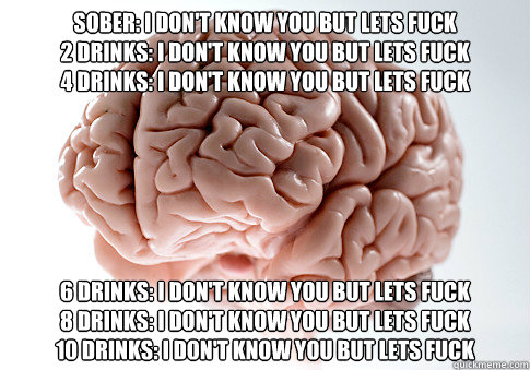Sober: I don't know you but lets fuck
2 Drinks: I don't know you but lets fuck 
4 Drinks: I don't know you but lets fuck 6 Drinks: I don't know you but lets fuck
8 Drinks: I don't know you but lets fuck
10 Drinks: I don't know you but lets fuck  Scumbag Brain