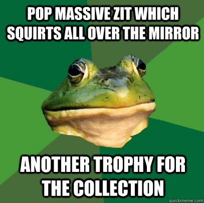 Pop massive zit which squirts all over the mirror Another trophy for the collection  Foul Bachelor Frog