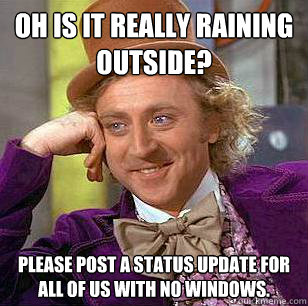 Oh is it really raining outside? Please post a status update for all of us with no windows.  Condescending Wonka