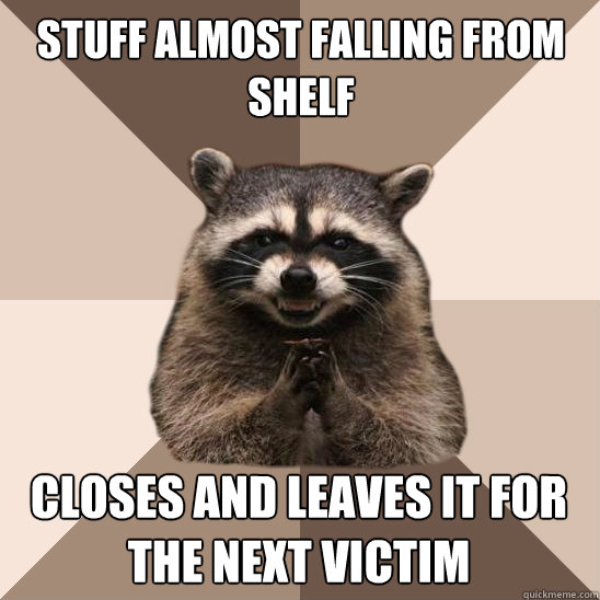 stuff almost falling from shelf closes and leaves it for the next victim  Evil Plotting Raccoon