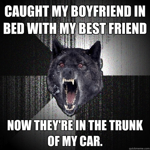 Caught my boyfriend in bed with my best friend Now they're in the trunk of my car.  Insanity Wolf