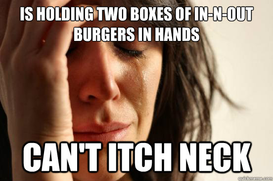 is holding two boxes of in-n-out burgers in hands can't itch neck   First World Problems
