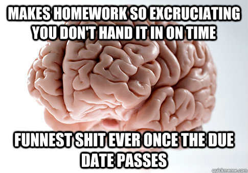 Makes homework so excruciating you don't hand it in on time funnest shit ever once the due date passes  Scumbag Brain