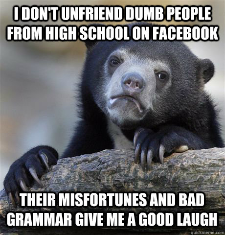 I DON'T UNFRIEND DUMB PEOPLE FROM HIGH SCHOOL ON FACEBOOK THEIR MISFORTUNES AND BAD GRAMMAR GIVE ME A GOOD LAUGH  Confession Bear