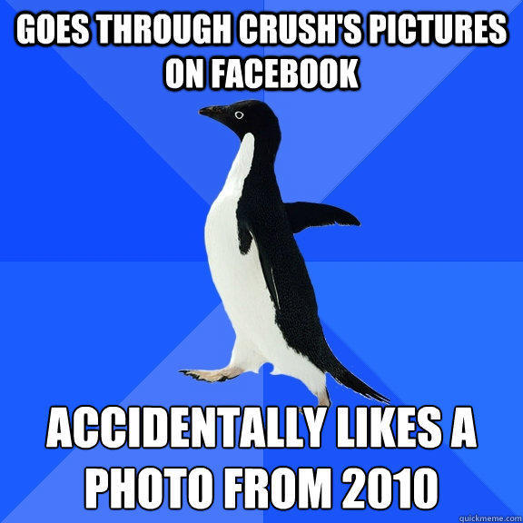 Goes through crush's pictures on facebook accidentally likes a photo from 2010  Socially Awkward Penguin