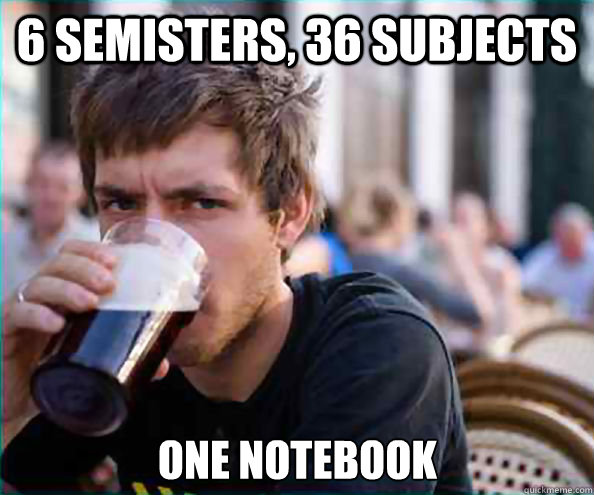 6 semisters, 36 subjects ONE notebook  Lazy College Senior