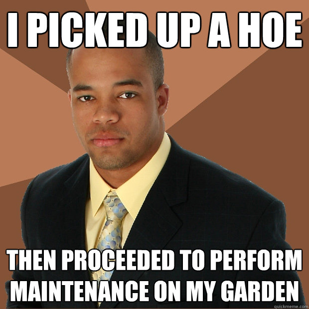 I picked up a hoe then proceeded to perform maintenance on my garden  Successful Black Man