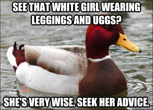 see that white girl wearing leggings and uggs? she's very wise. seek her advice.  Malicious Advice Mallard