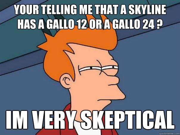 your telling me that a skyline has a Gallo 12 or a gallo 24 ? im very skeptical - your telling me that a skyline has a Gallo 12 or a gallo 24 ? im very skeptical  Futurama Fry