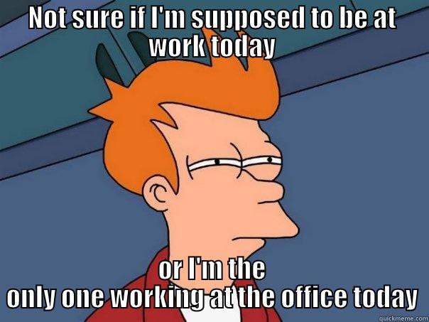 NOT SURE IF I'M SUPPOSED TO BE AT WORK TODAY OR I'M THE ONLY ONE WORKING AT THE OFFICE TODAY Futurama Fry