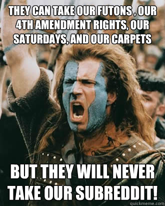 They can take our futons , our 4th Amendment rights, our Saturdays, and our carpets but they will never take our subreddit!  SOPA Opposer