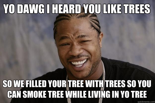 Yo dawg i heard you like trees so we filled your tree with trees so you can smoke tree while living in yo tree  Xzibit meme