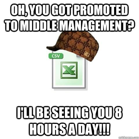 Oh, you got promoted to middle management? I'll be seeing you 8 hours a day!!!  Scumbag excel