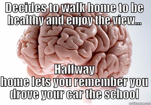 DECIDES TO WALK HOME TO BE HEALTHY AND ENJOY THE VIEW... HALFWAY HOME LETS YOU REMEMBER YOU DROVE YOUR CAR THE SCHOOL Scumbag Brain