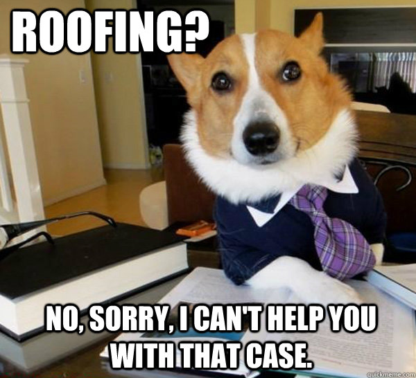 Roofing? No, sorry, I can't help you with that case.  Lawyer Dog